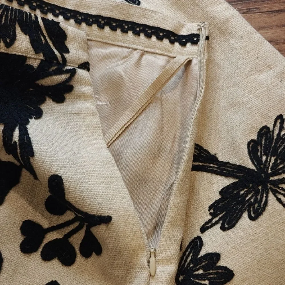 Anthropologie Cream A-Line Skirt with Black Floral Design